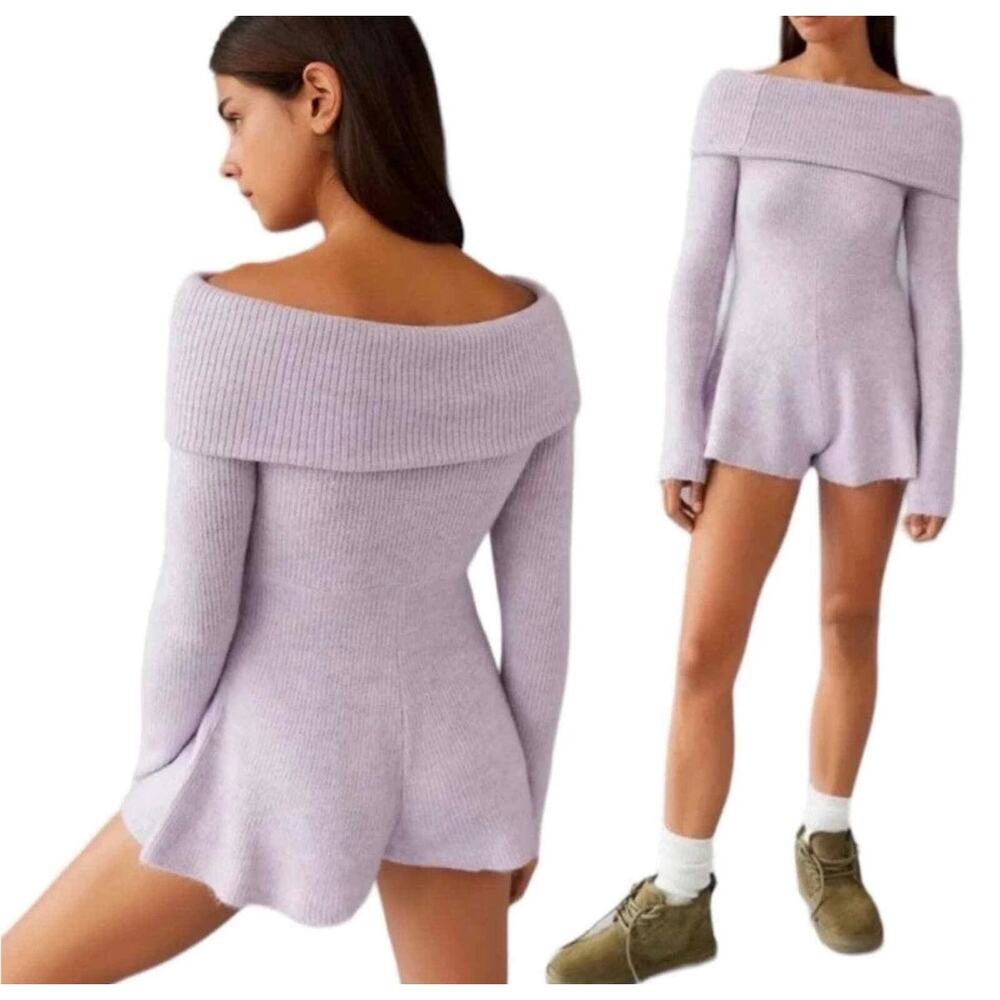 Urban Outfitters Grace Off The Shoulder Romper light Purple Medium UO cottage